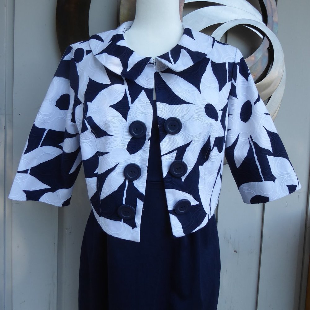 2 Piece Navy Form Fitting Cotton Dress with Crop Jacket, Size 14